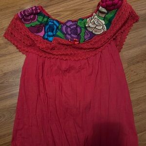 Embroidered Red Floral Women's Top